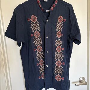Men’s Navy Blue Mexican Guayabera Shirt – Handmade Embroidery – Size Medium
